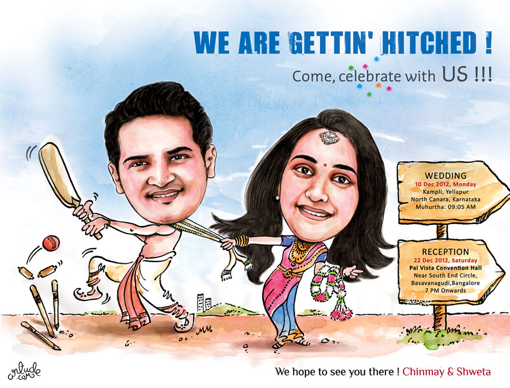 cricket theme wedding invite with caricature 