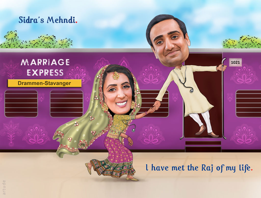 DDLJ theme personalized wedding invite with caricature 