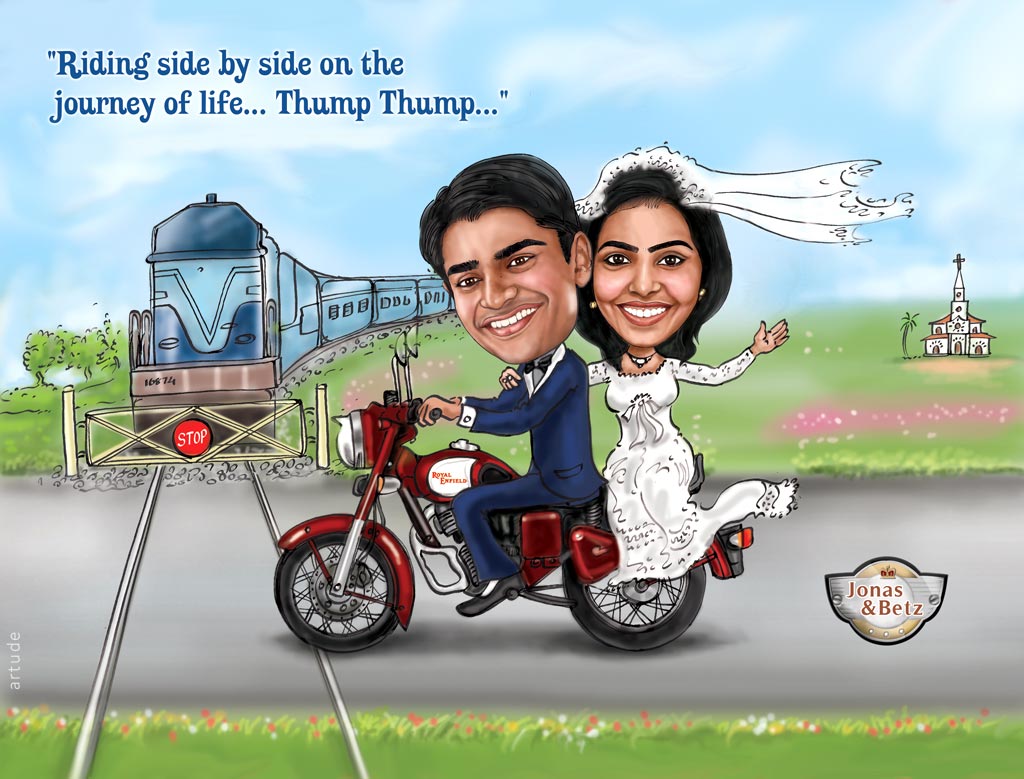 bullet theme wedding invite with caricature 