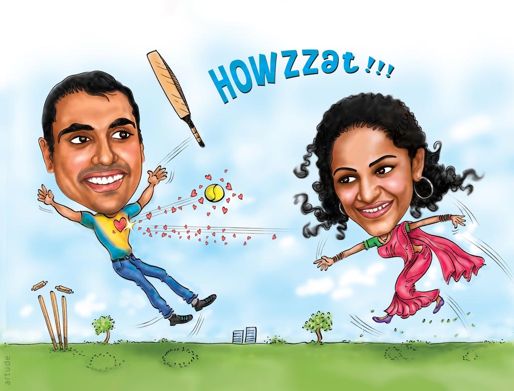 cricket theme wedding invite with caricature 